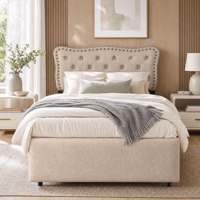 Letto imbottito 90x200 cm in MDF e tessuto lino; beige marrone con 2 cassetti