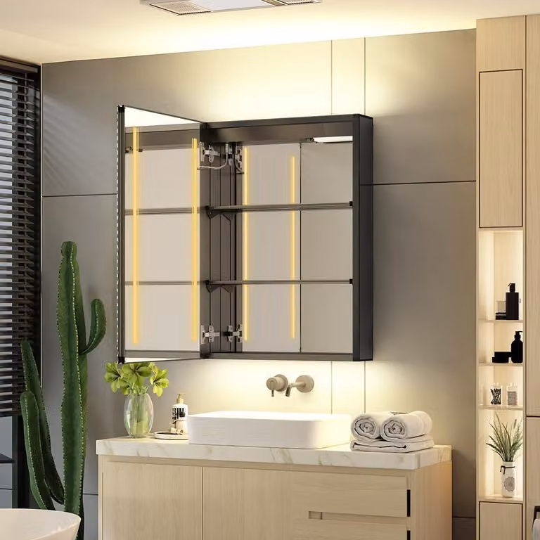 ® Specchio da bagno LED Rivulet, armadietto illuminato con presa per rasoio, illuminazione a 3 colori, interruttore touch, sistema antiappannamento, dimensioni 50x70 cm