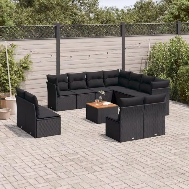 Set di divani da giardino VIDAXL a forma di U in polyrattan nero con cuscini, 12 posti – 1