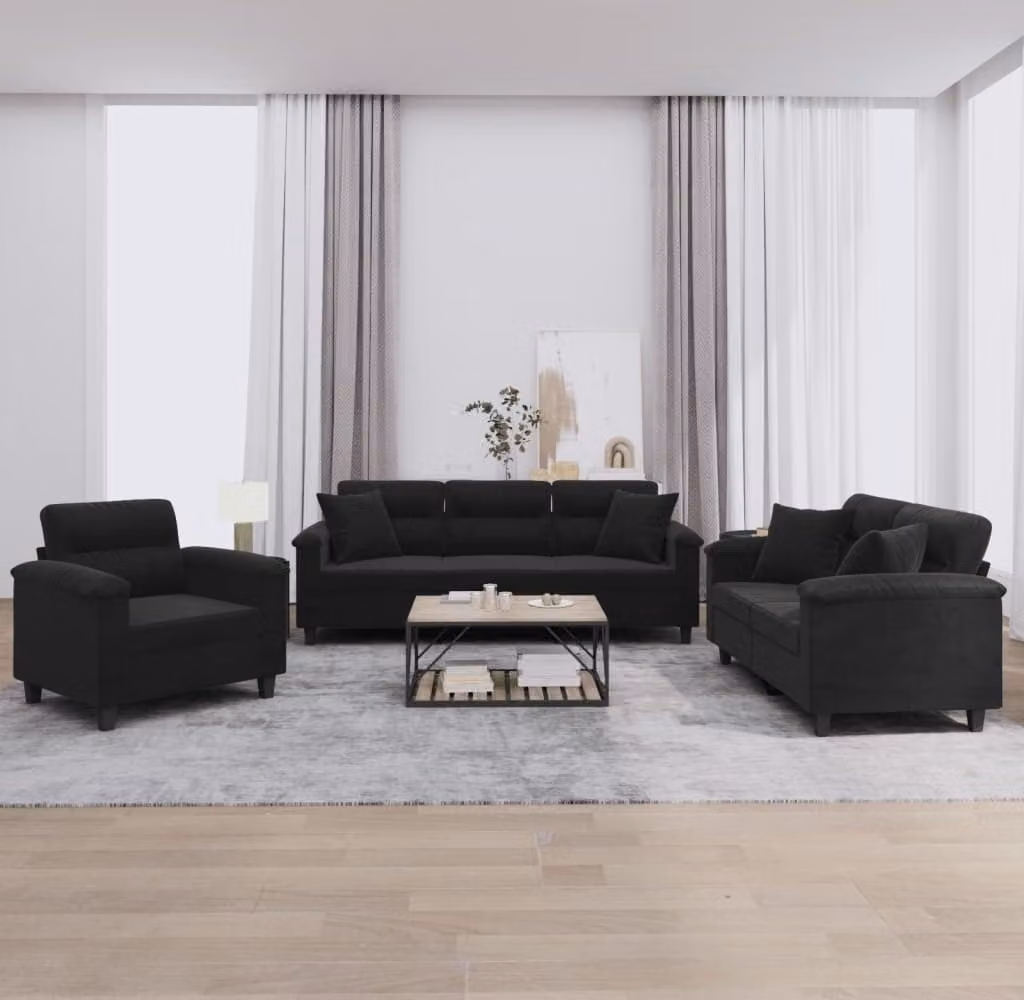 Maison Exclusive - Set divano a 3 pezzi con cuscini, tessuto in microfibra nero