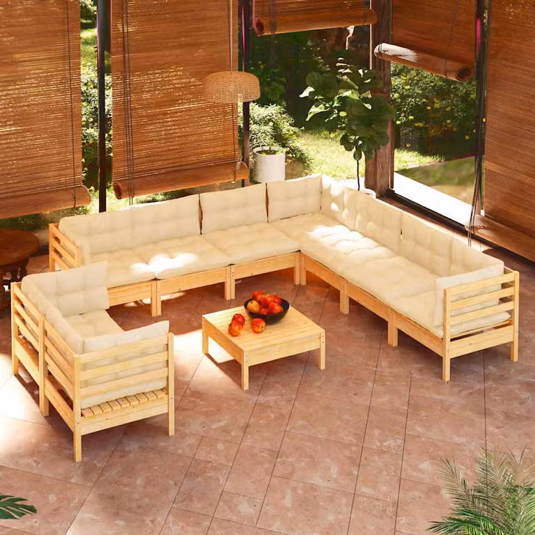 Set di divani da giardino vidaXL in legno massello di pino con cuscini beige, composizione a L con elementi angolari e pouf, 10 pezzi