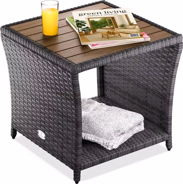 Tavolino quadrato moderno Casaria in polyrattan grigio con piano in legno di acacia L/P/H: 45 x 45 x 40 cm – 1