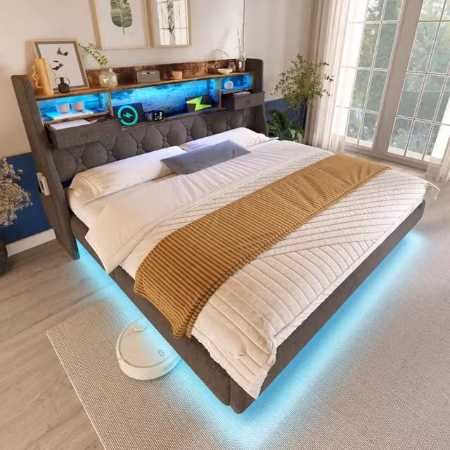Letto imbottito 160x200 cm con LED; testiera portaoggetti; USB e Type-C; lino grigio (senza materasso)