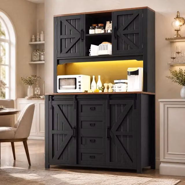 Credenza da cucina nera 115×40×174,7 cm con LED, ante scorrevoli e cassetti