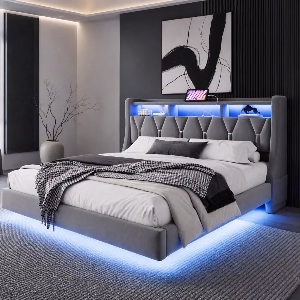 Letto matrimoniale imbottito MODFU in velluto grigio con testiera pieghevole, illuminazione LED, prese USB e scomparti laterali L/P: 180 x 200 cm – 2
