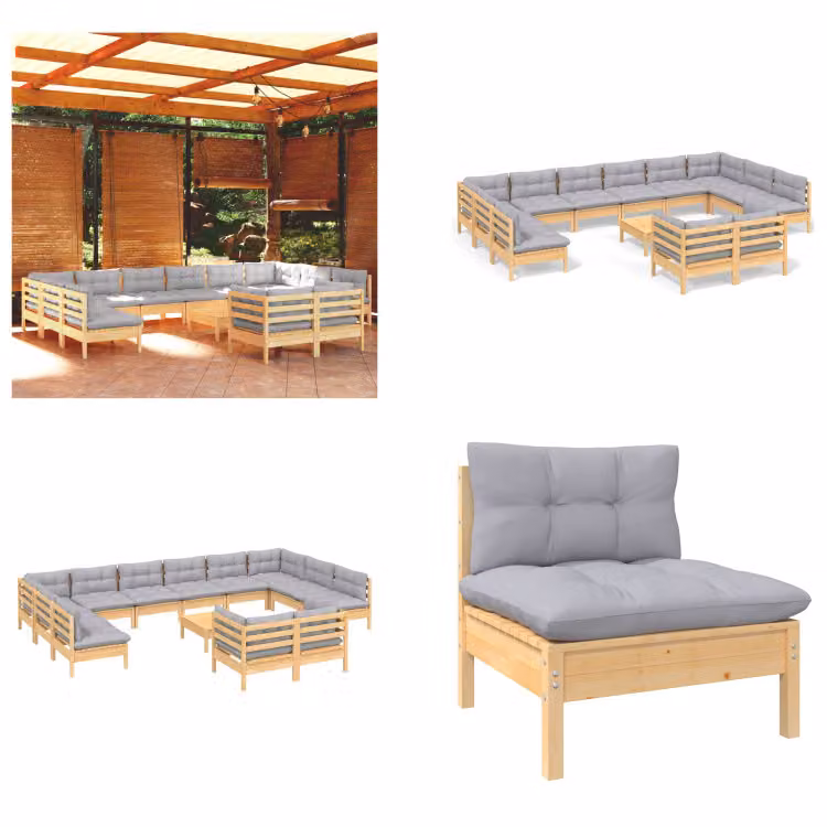 vidaXL 13 pezzi set salotto da giardino con cuscini grigi in legno di pino - Set salotto da giardino - Set salotto da giardino - Set mobili da giardino - Set mobili da giardino