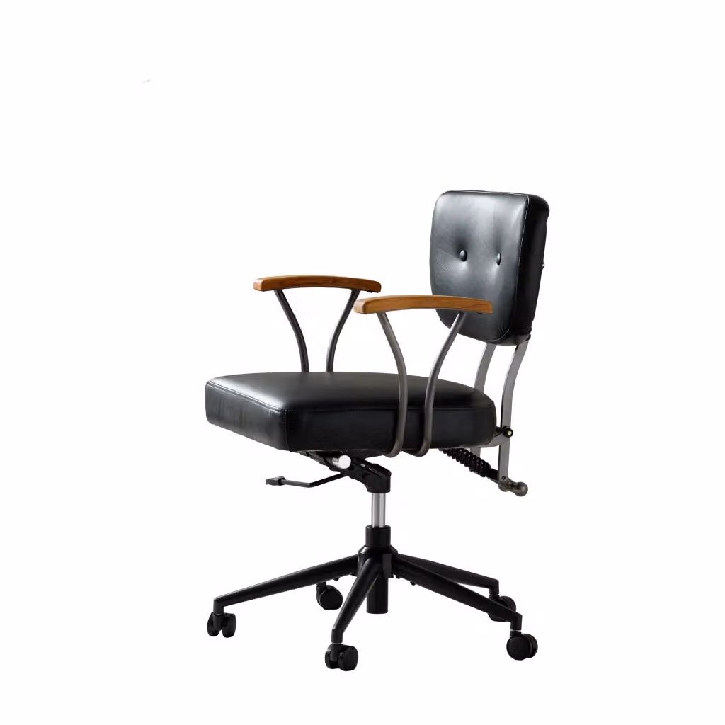 Sedia da ufficio Minimal in similpelle nera con braccioli effetto noce, girevole e regolabile in altezza con ruote – 2