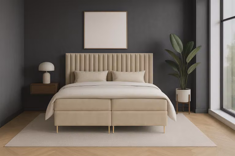 Letto GUTTO con materasso a molle JILL, dimensioni 120 x 200 cm, con contenitore e topper  da 5 cm, rivestito in velluto beige, con gambe dorate