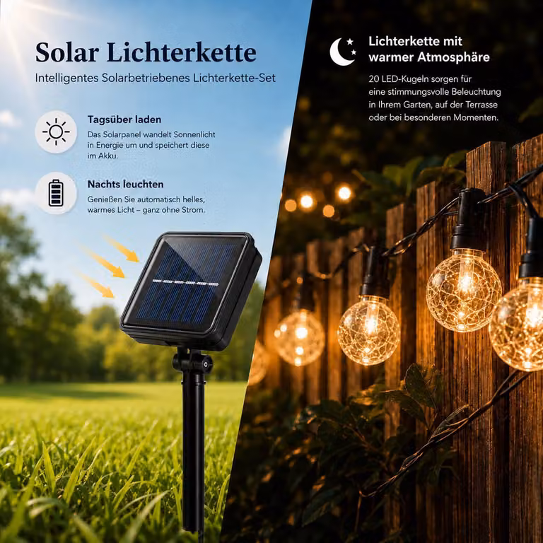 Ghirlanda luminosa a energia solare da 5 m – 20 LED a forma di pallina di cristallo, IP65 per giardino e terrazza, 8 modalità, H094 bianco caldo