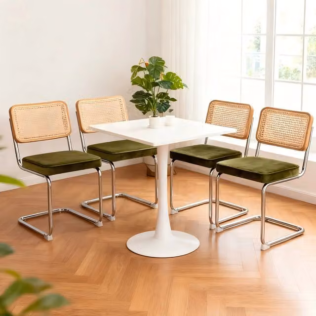 Sedie da Pranzo Set 4 Pezzi ¨C MINIMAL ¨C Velluto e Rattan, Gambe in Metallo, Imbottite, Moderne