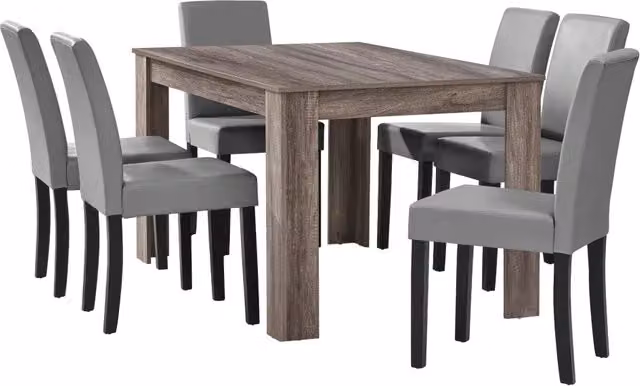 Set Pranzo con Tavolo 140x90 cm e 6 Sedie in Similpelle - Effetto Rovere Antico / Grigio chiaro [en.casa]