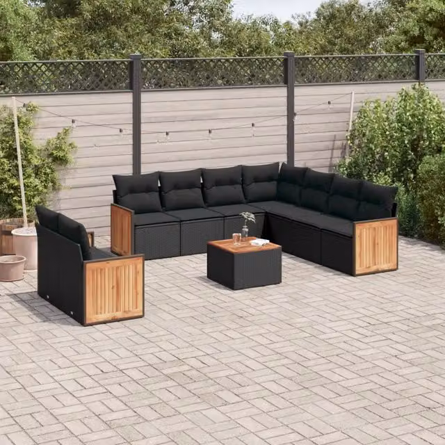 Set Divani da Giardino 10pz con Cuscini in Polyrattan Nero 3227784