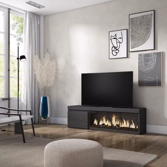 Mobile TV Soggiorno, 158x35x45cm, Per TV fino a 65", Camino elettrico XXL, Nero RF3244