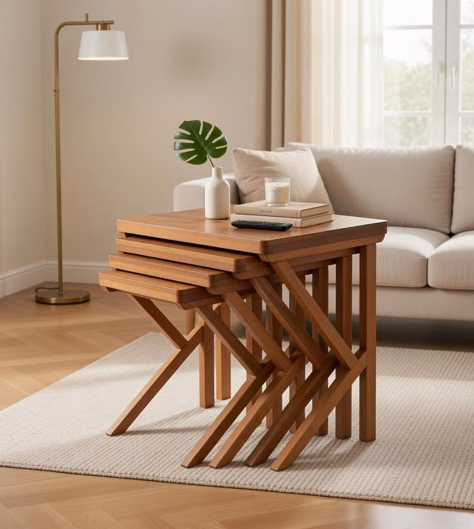Tavolino da caffè marrone, set di quattro, design in legno, impilabile, ideale per l'arredamento della zona living, pratico