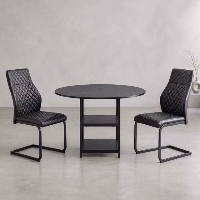 Set tavolo e sedie con tavolo rotondo e 2 sedie, doppio ripiano e schienale alto, in MDF, metallo e similpelle nera