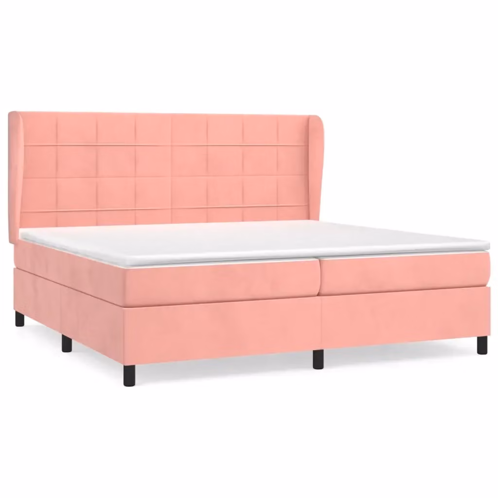 Letto matrimoniale con giroletto a molle e materasso ibrido vidaXL in velluto rosa e bianco L/P/H: 200 x 200 x 128 cm – 2