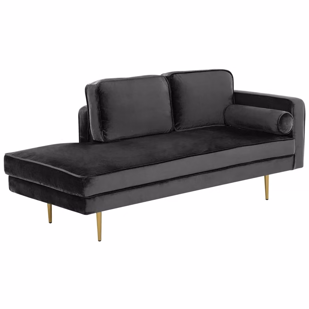 Chaise longue BELIANI in velluto nero con orientamento a destra, design moderno con struttura in legno e gambe in metallo, completa di cuscini decorativi. L/P/H: 171 x 79 x 63 cm – 2