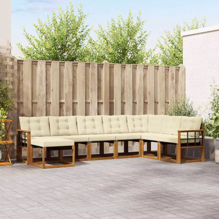 Set di divani da esterno vidaXL a forma di L composto da 8 pezzi in legno di acacia con cuscini in tessuto beige e crema
