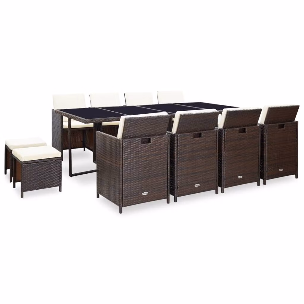 The Living Store Set da pranzo da giardino da 13 pezzi con cuscini in poly rattan marrone