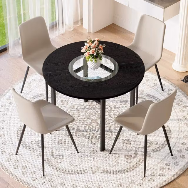 Tavolo da pranzo rotondo con ripiano in vetro e 4 sedie in PU con schienale ergonomico nero e grigio caldo Ø 100 cm