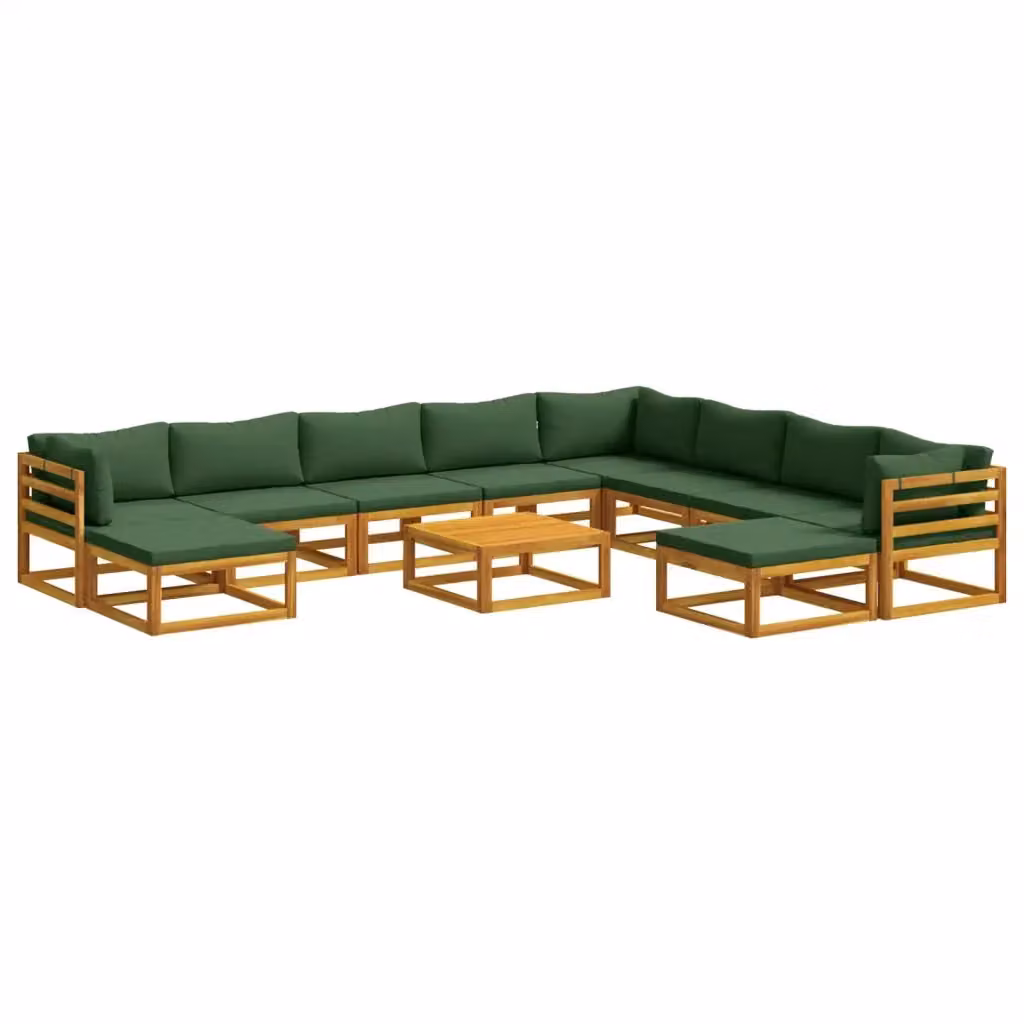 Set di divani da giardino vidaXL in legno di acacia massello con cuscini, colore marrone e verde, composto da 11 pezzi con elemento angolare, pouf e tavolino da esterno – 2