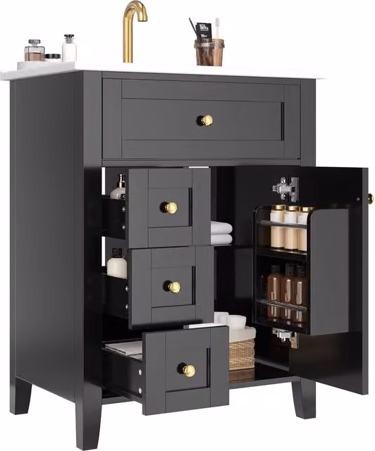 Mobile Bagno 61x47x86 cm Nero Lucido con Lavabo Ceramico, 1 Vano Ribaltabile, 3 Cassetti e Anta