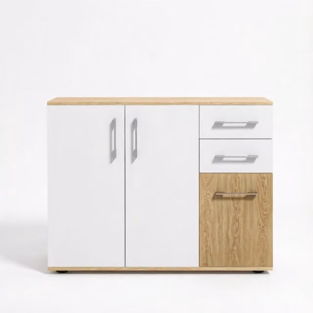 Madia Chicfurn moderna con 3 ante e 2 cassetti, mobile contenitore per soggiorno e cucina, bianco e beige, L 90 cm x P 30 cm x H 75,5 cm