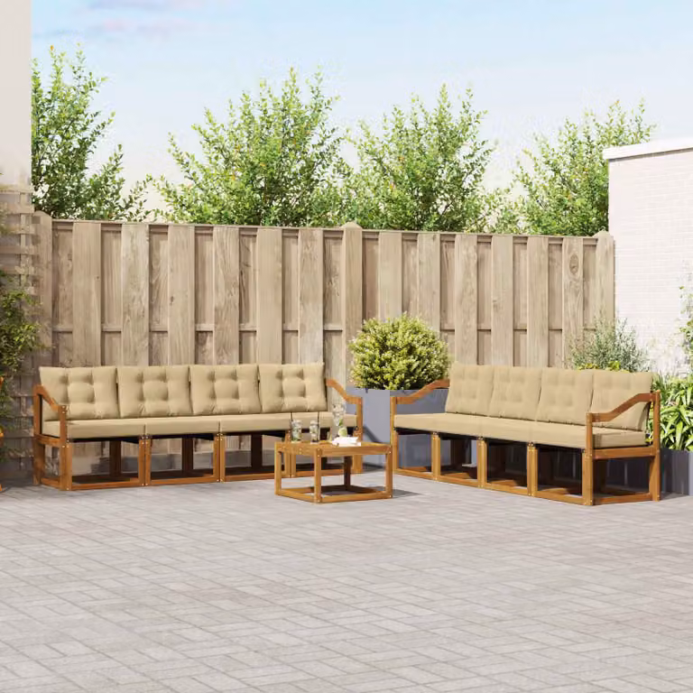 Set di divani da esterno vidaXL 9 pz in legno di acacia con tavolino e cuscini, colore beige e sabbia