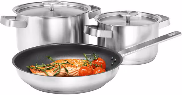 Set di pentole Electrolux E3SS in acciaio inox con rivestimento antiaderente, colore argento, compatibile con induzione e gas