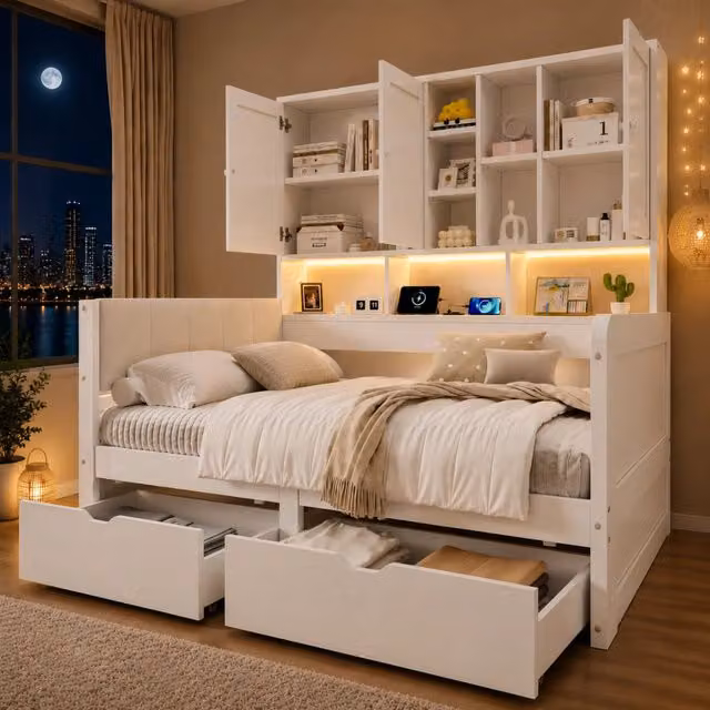 Letto per bambini 90 × 200 cm con contenitore, LED, USB et USB-C, 2 cassetti, senza materasso, bianco