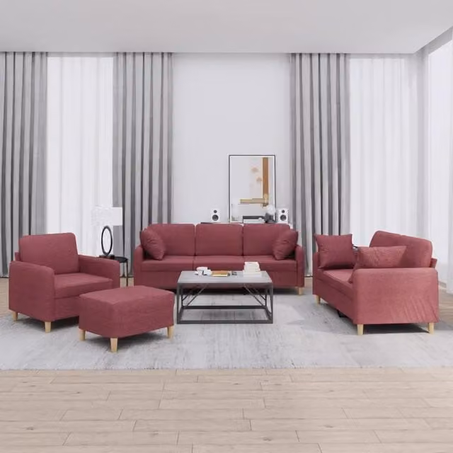 Set di divani moderno vidaXL in tessuto rosso composto da divano a 3 posti, divano a 2 posti e pouf con cuscini inclusi – 1