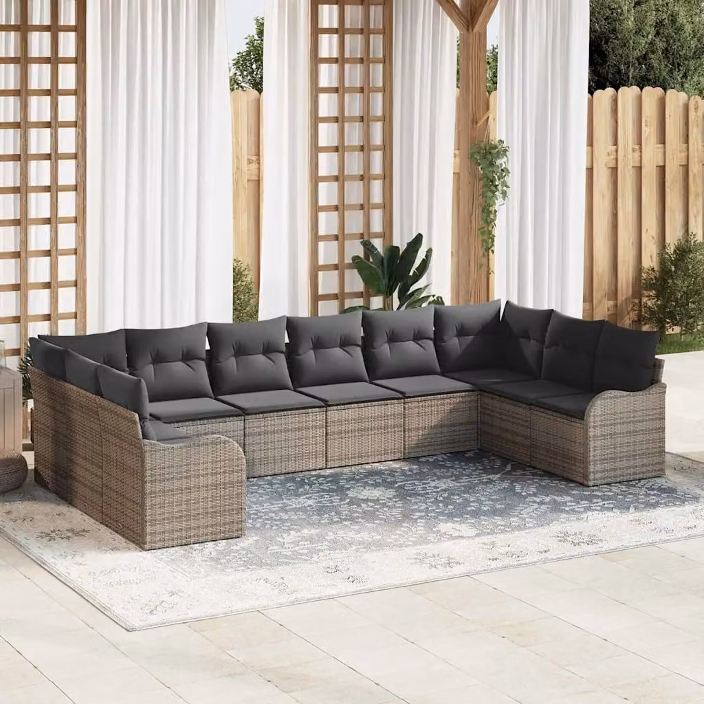 Set Divano da Giardino vidaXL 10 Pezzi in Polyrattan Grigio con Cuscini e Struttura in Acciaio