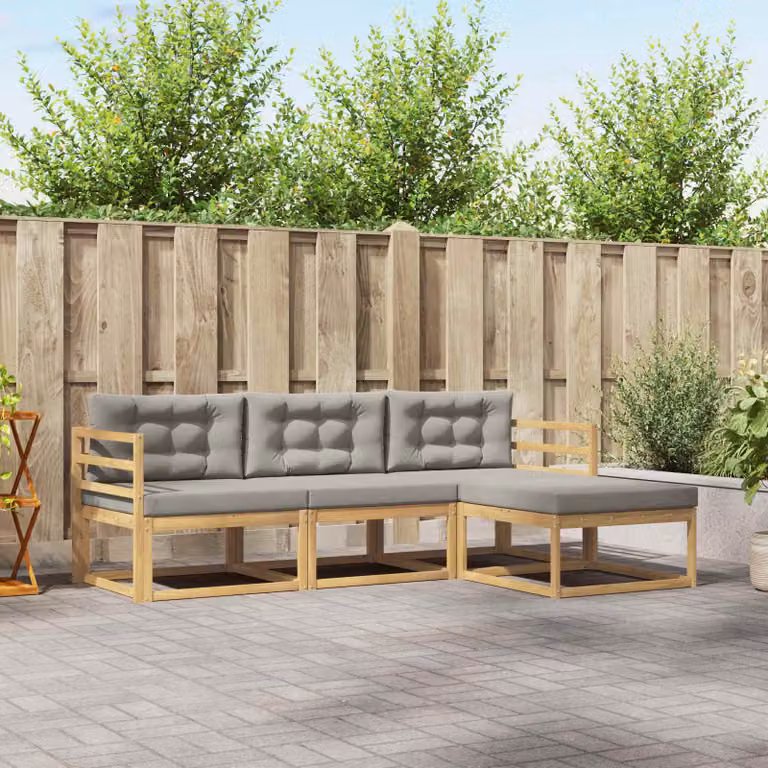 Set di divani da esterno a L vidaXL in legno di acacia con pouf e cuscini, Bianco e Grigio