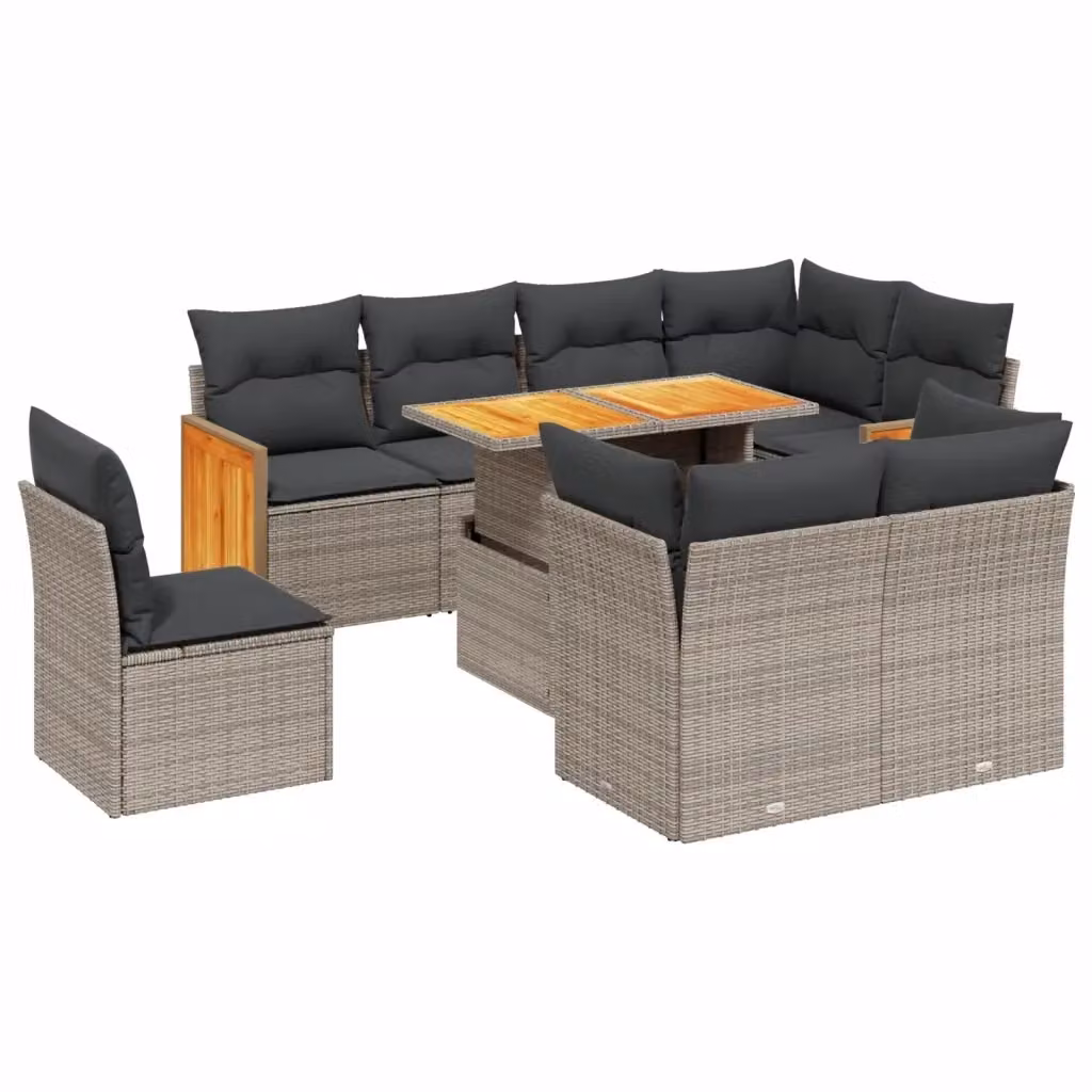 Set Divano da Giardino vidaXL 9 pz a Forma a U in Polyrattan Grigio con Cuscini e Tavolino da Caffè – 2