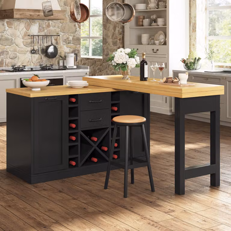 Tavolo da pranzo girevole a 360°, estensibile, con spazio contenitivo; tavolo da bar con ripiano estraibile per bottiglie di vino; portarifiuti; ripiani per snack; tavolo da cucina, colore nero
