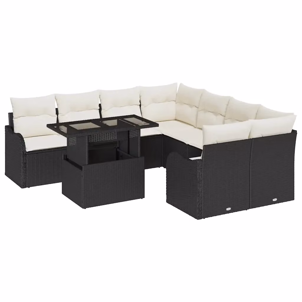 Set Divano da Giardino vidaXL 9 Pezzi Moderno in Polyrattan Nero con Cuscini Beige e Tavolino da Esterno – 2