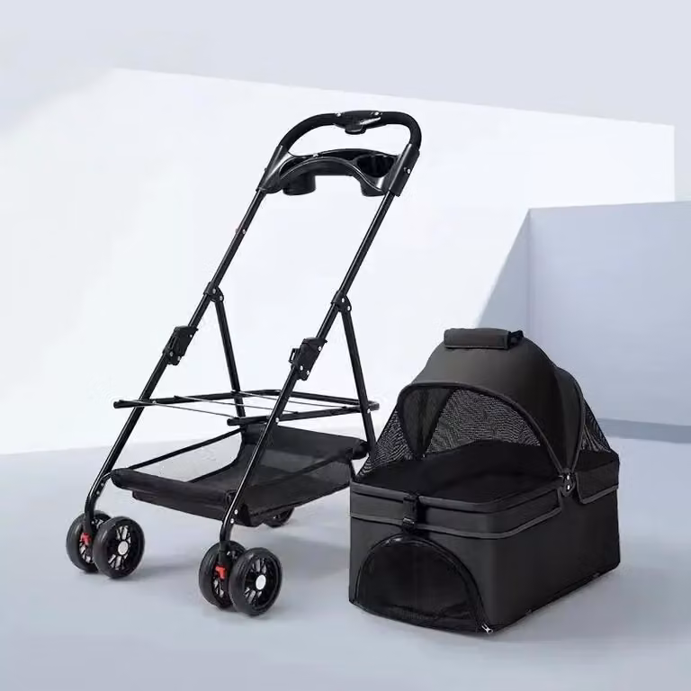 Carrello pieghevole per animali domestici - adatto a cani e gatti - dimensioni 72 x 50 x 95 cm - portabibite - cesto portaoggetti - freno - struttura in acciaio - colore nero