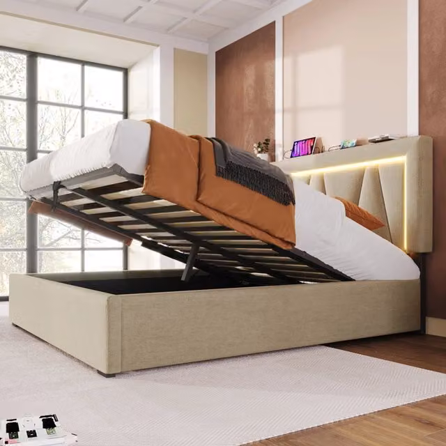 Letto imbottito Mivray con vano contenitore, illuminazione LED, porte USB e Type-C, testiera regolabile in lino beige, L/P/H: 140 x 200 x 146.5 cm