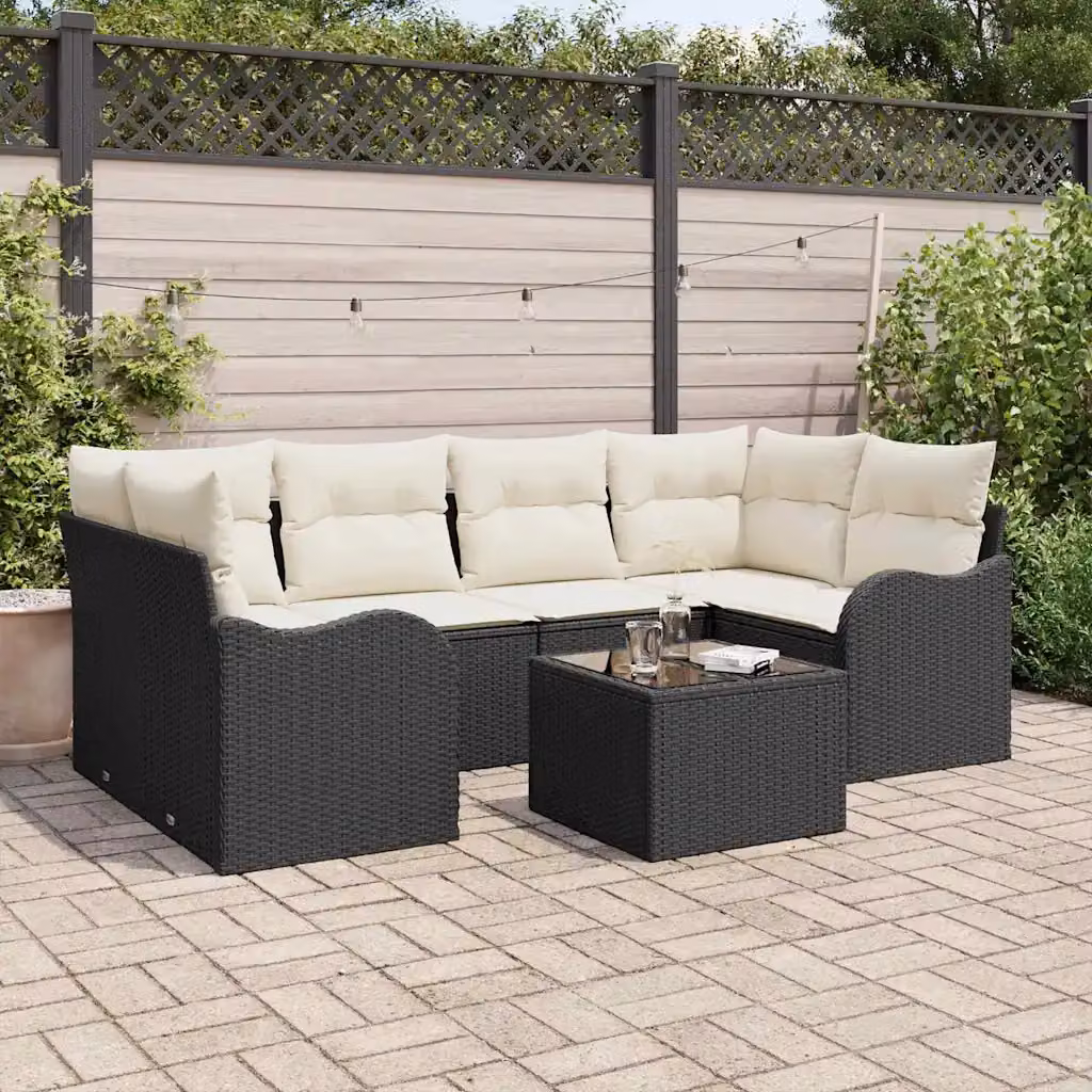 Set Divano da Giardino vidaXL a Forma di L con 7 Pezzi, Nero e Beige, con Cuscini e Tavolino – 1