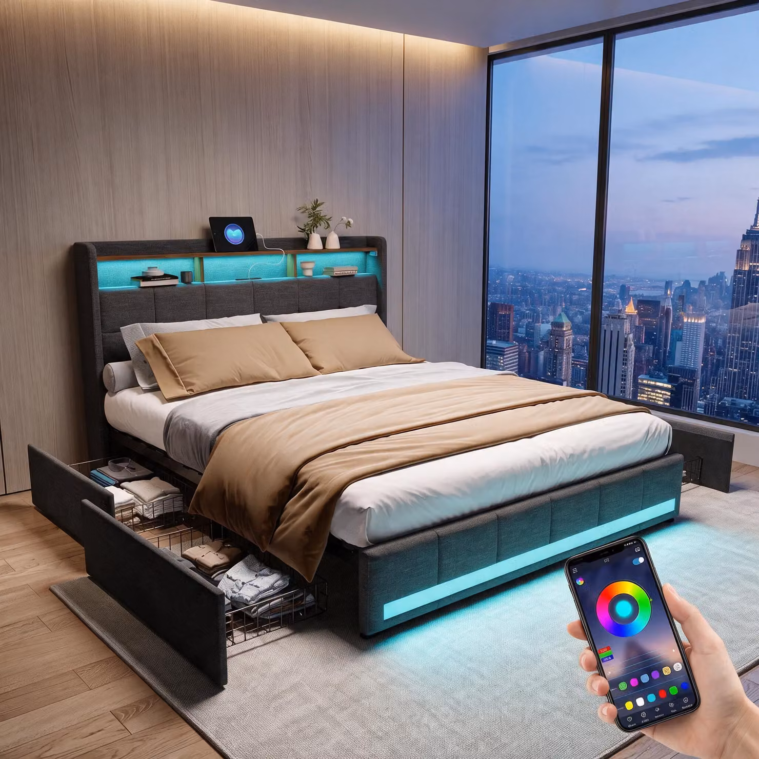 INONEFT Letto contenitore 180x200 cm, letto con spazio contenitore, 4 cassetti, letto imbottito con LED e USB, struttura letto matrimoniale con rete a doghe, tessuto in lino, colore grigio