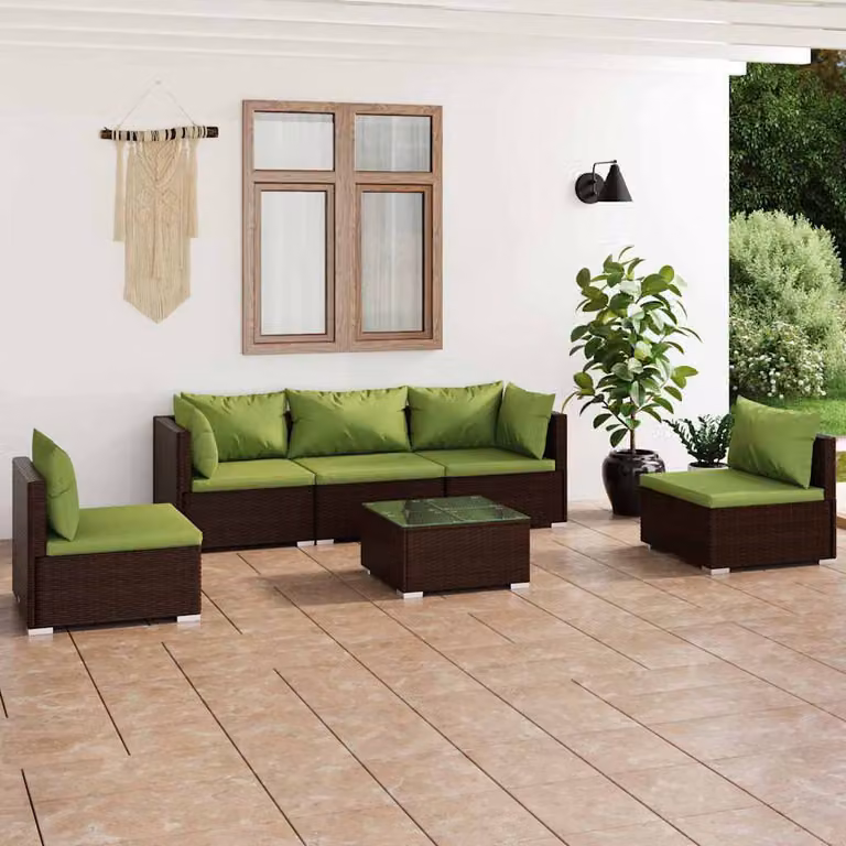 Set di divani da giardino vidaXL 6 pezzi con cuscini in rattan marrone e struttura in acciaio