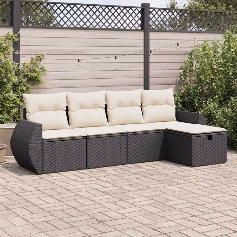 Set di divani da giardino vidaXL a forma di L composto da 5 pezzi con cuscini, polyrattan e struttura in acciaio nero e bianco