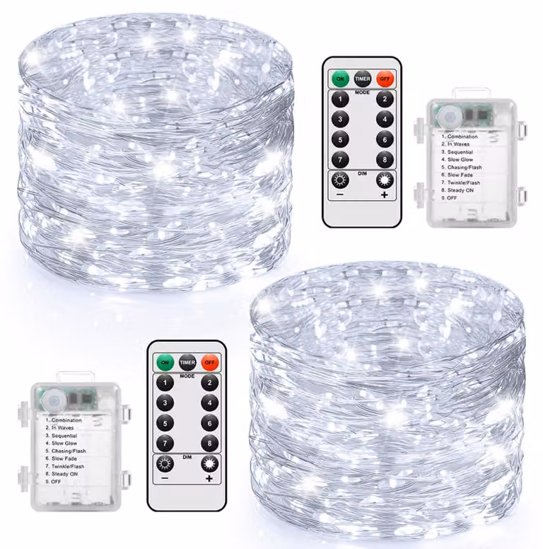 Catena luminosa a LED, 2 x 10 metri, 100 LED, con telecomando, timer, impermeabile, colore bianco