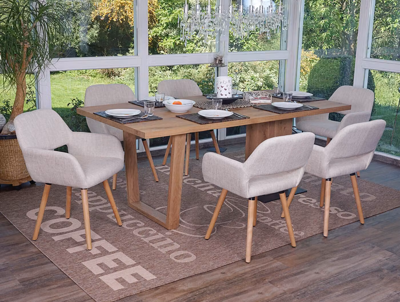 set di 6 sedie per sala da pranzo HWC-A50 II, sedia da cucina, design retrò anni '50 ~ tessuto, crema/grigio, gambe leggere