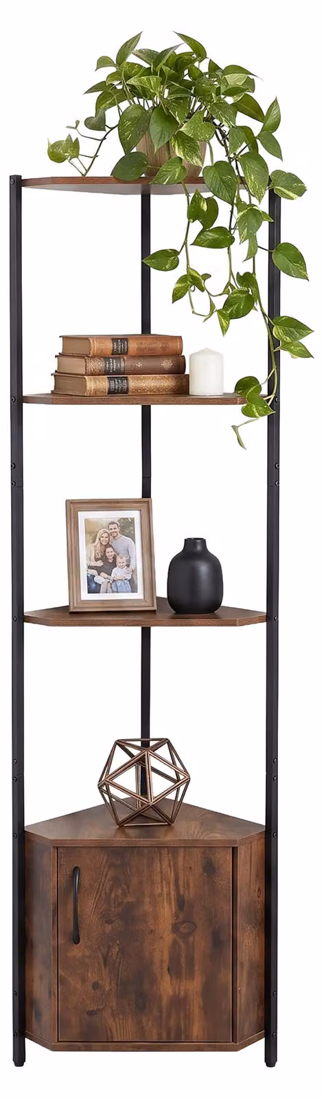 Relaxdays, scaffale d'angolo con 5 ripiani e armadietto, dimensioni: 147x44,5x30 cm, scaffale autoportante per soggiorno e cucina, salvaspazio, colore marrone/nero