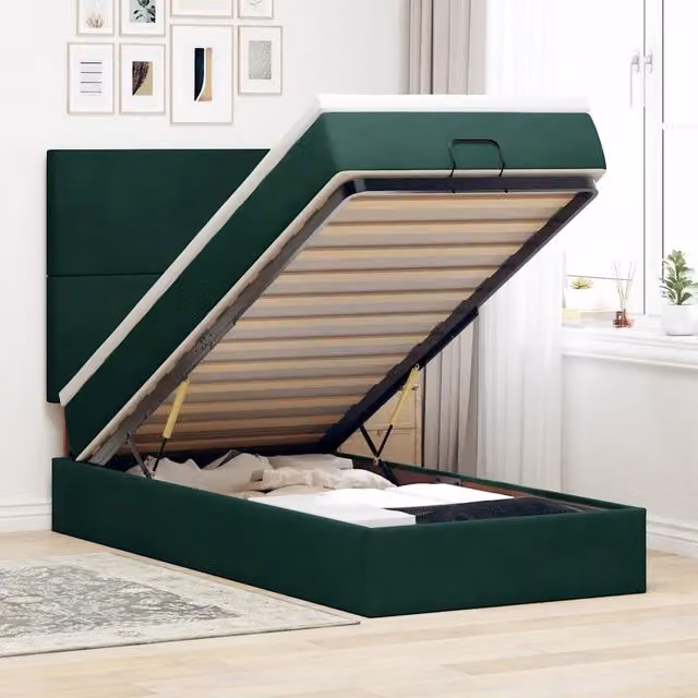 Letto con contenitore a sollevamento vidaXL in velluto verde e bianco con porta USB e illuminazione sottostante L/P/H: 203 x 100 x 140 cm