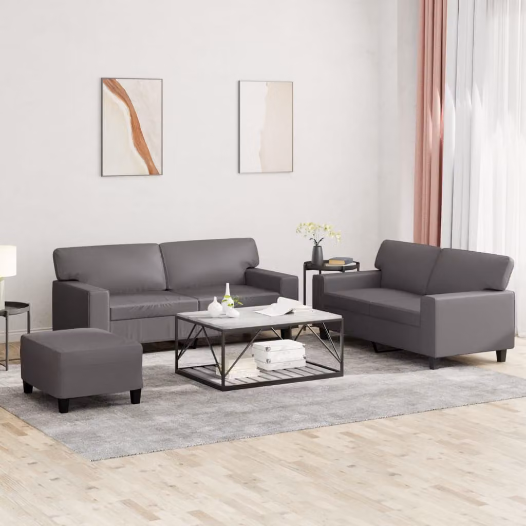 Set di divani vidaXL 3 pezzi in similpelle grigio con pouf e cuscini per soggiorno moderno – 1