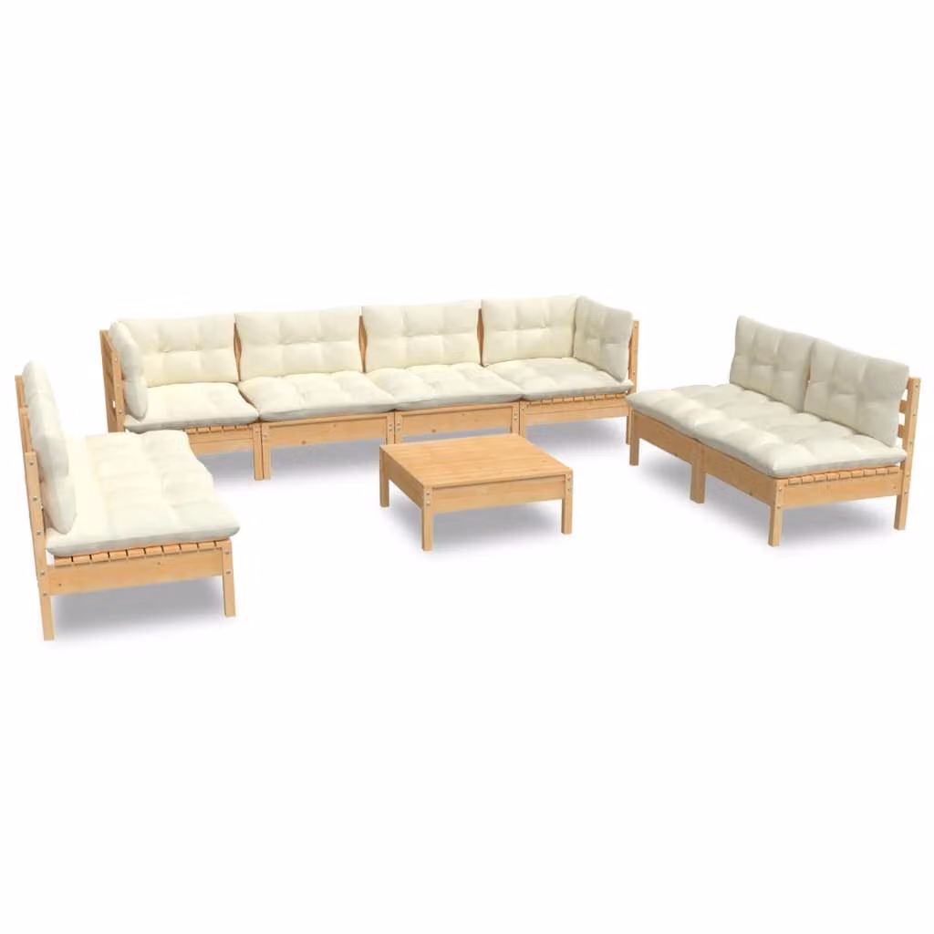 Set Divani da Giardino 9 pz con Cuscini Crema in Massello di Pino