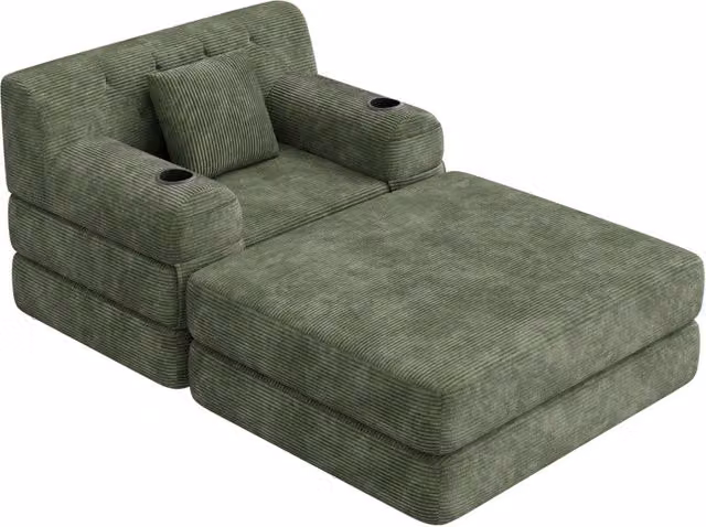 Poltrona letto in velluto a coste verde con tasche laterali e 2 portabicchieri