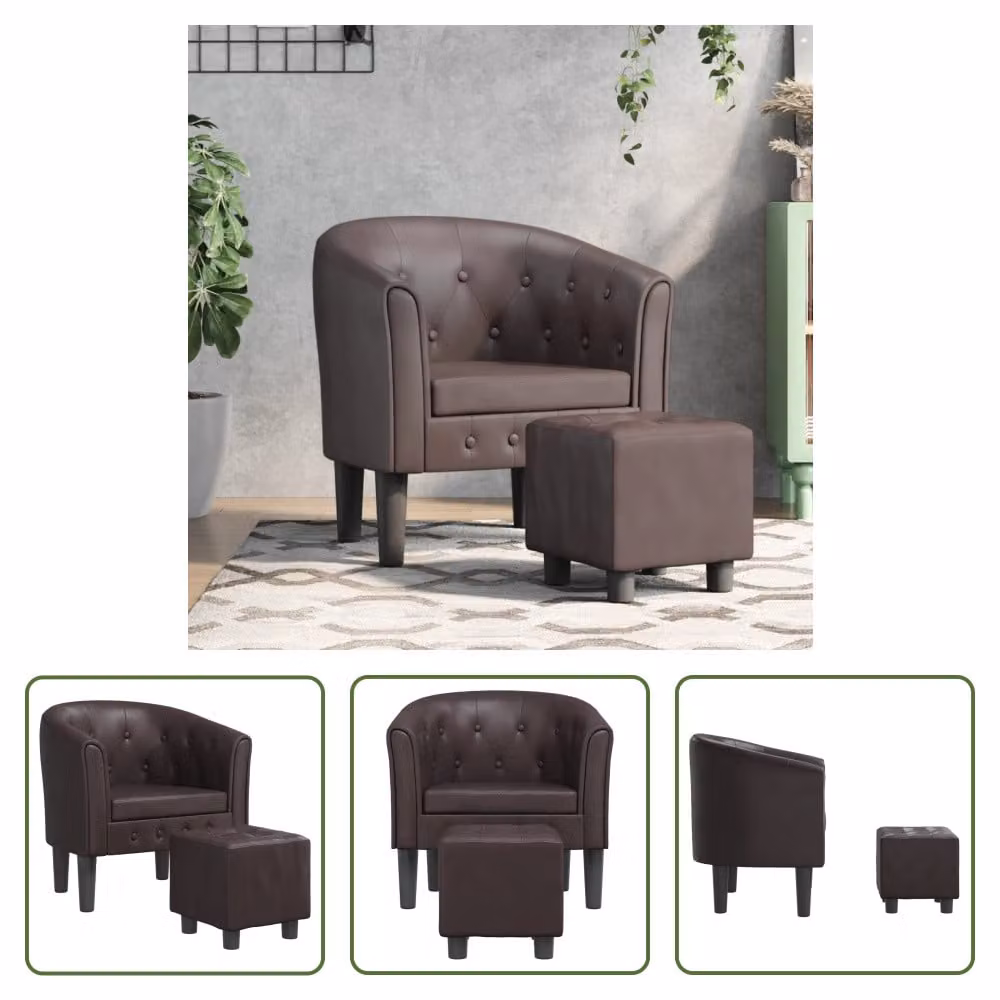 The Living Store Sedia club con poggiapiedi in ecopelle marrone